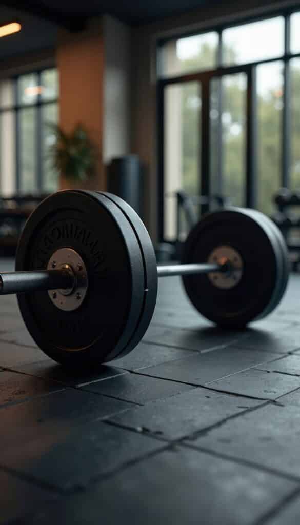 Barbell de Musculation au Sol : Poids TON pour Gym Barbell avec poids noir 'TON' sur sol de gym texturé. Lumière du jour éclaire la salle, équipement flou en arrière-plan.