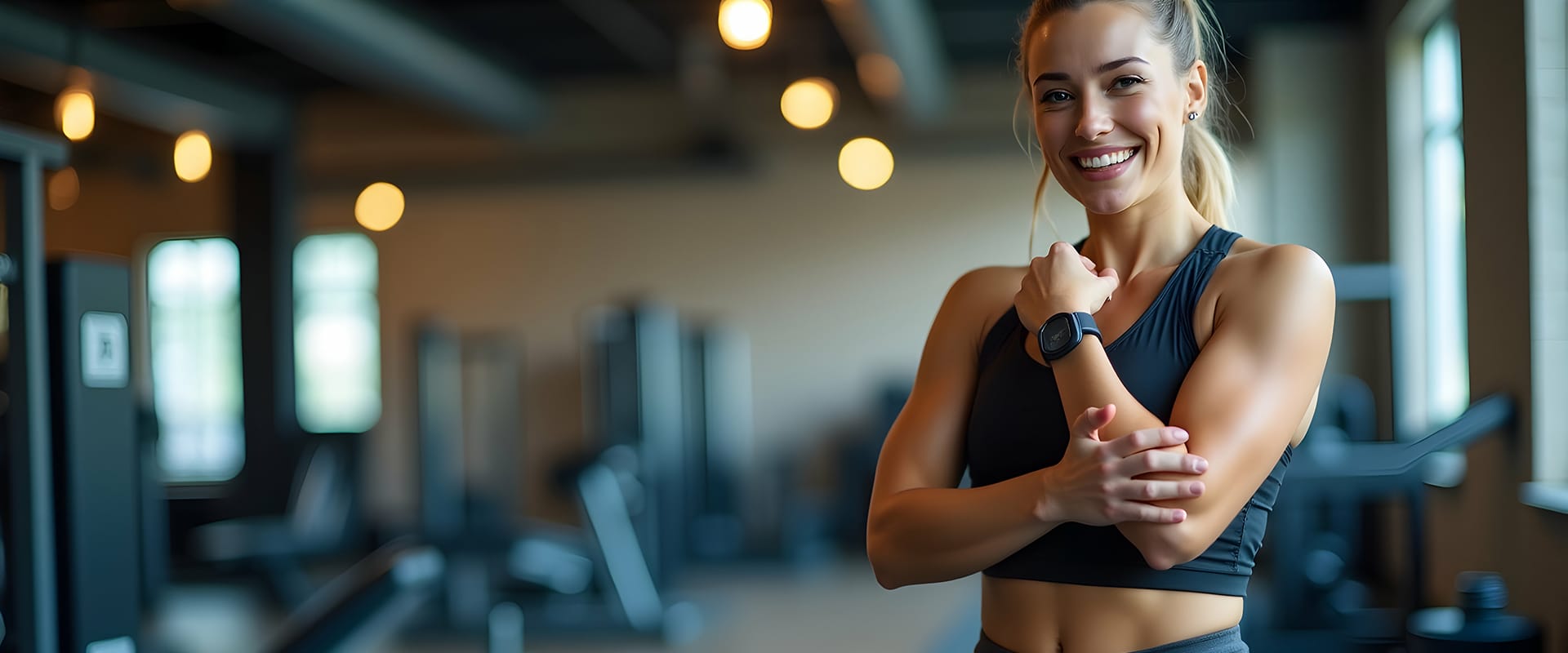 Femme souriante en tenue de sport noire, portant une montre connectée, posant dans une salle de gym moderne et lumineuse.