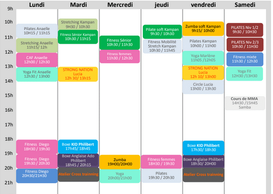 Planning Hebdomadaire Sport : Fitness, Yoga, Pilates et Boxe Planning hebdomadaire des cours de sport : Pilates, Yoga, Zumba, Boxe et Fitness du lundi au samedi.